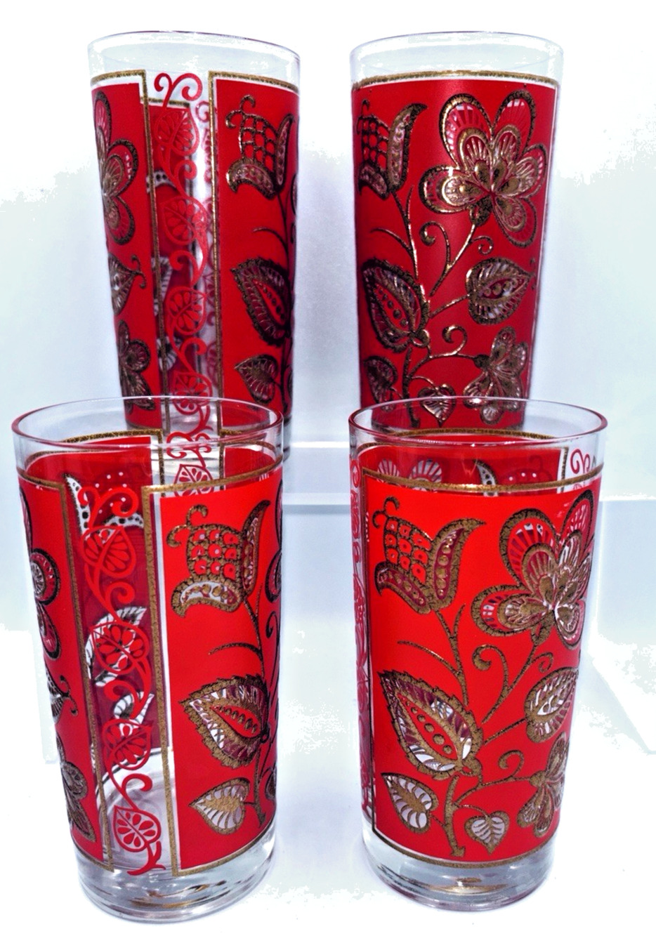 4 Culver (?) Floral 22K Gold & Red Highball Drinking Glasses Barware MCM